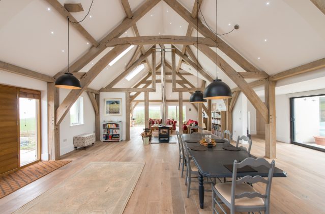 Carpenter Oak's La Bise oak frame interior open plan dining room