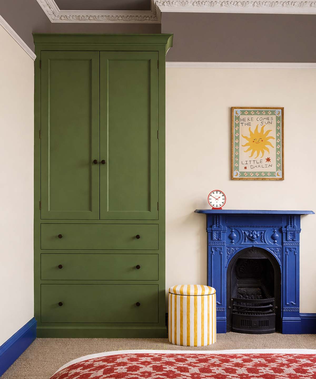 trending paint colours from craig and rose, cobalt blue, olive green and evening sunshine yellow