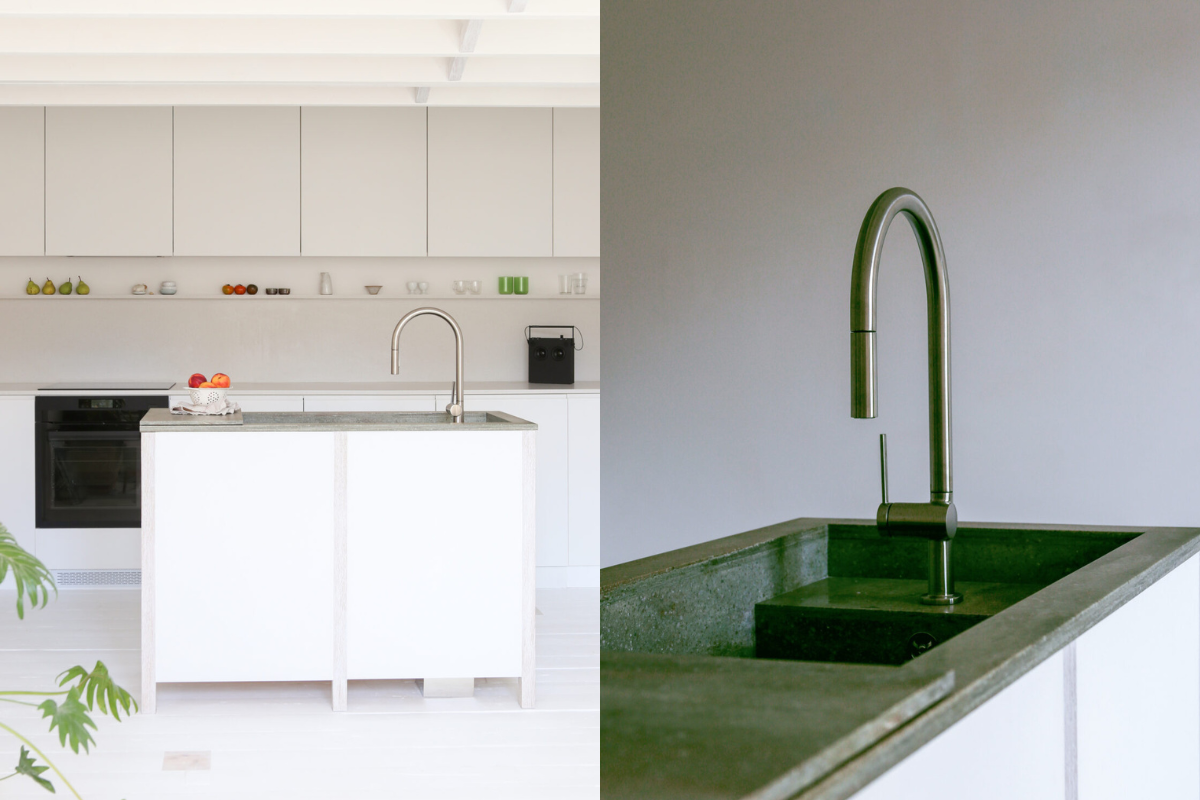 green marble taps and white cabinetry in a house built by a father for just £45k