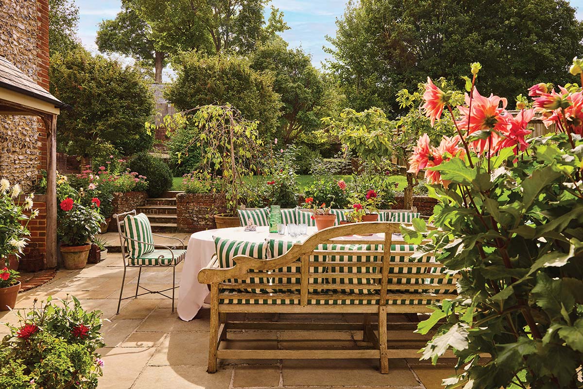 Interior designer Emma Sherlock created the photographed outdoor terrace for entertaining at her Hampshire home