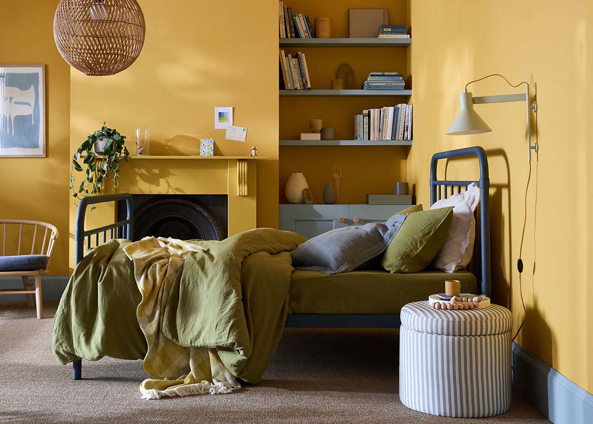 trending paint colours fill this room with yellow and olive green