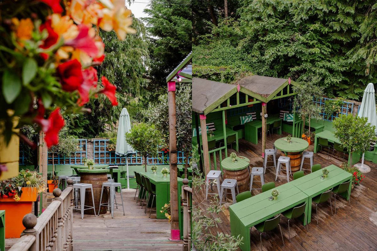 The Blackbird bar reopens after a revamp: pastel green chairs, striped cushions, amaryllis flowers and wooden flooring