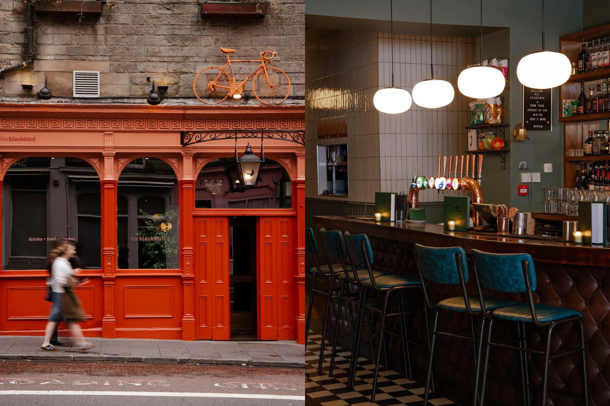 bar reopens after a revamp: pendant lights, orange exterior and tollcross street in edinburgh