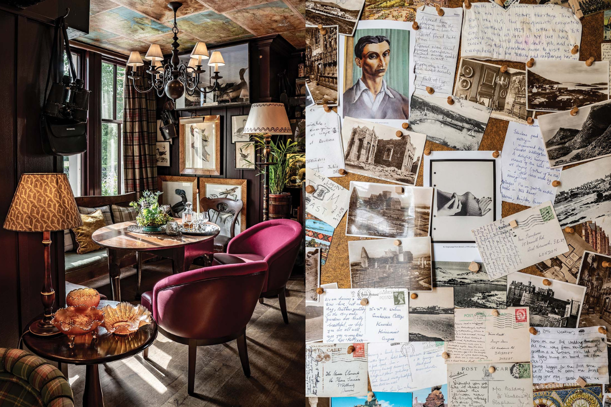 The Map Room whisky snug is a cosy place to sample a dram. Its eclectic mix of antiques and unusual finds is repeated throughout the inn to great effect. The owner’s grandfather’s cherished collection of maps adorns the ceiling