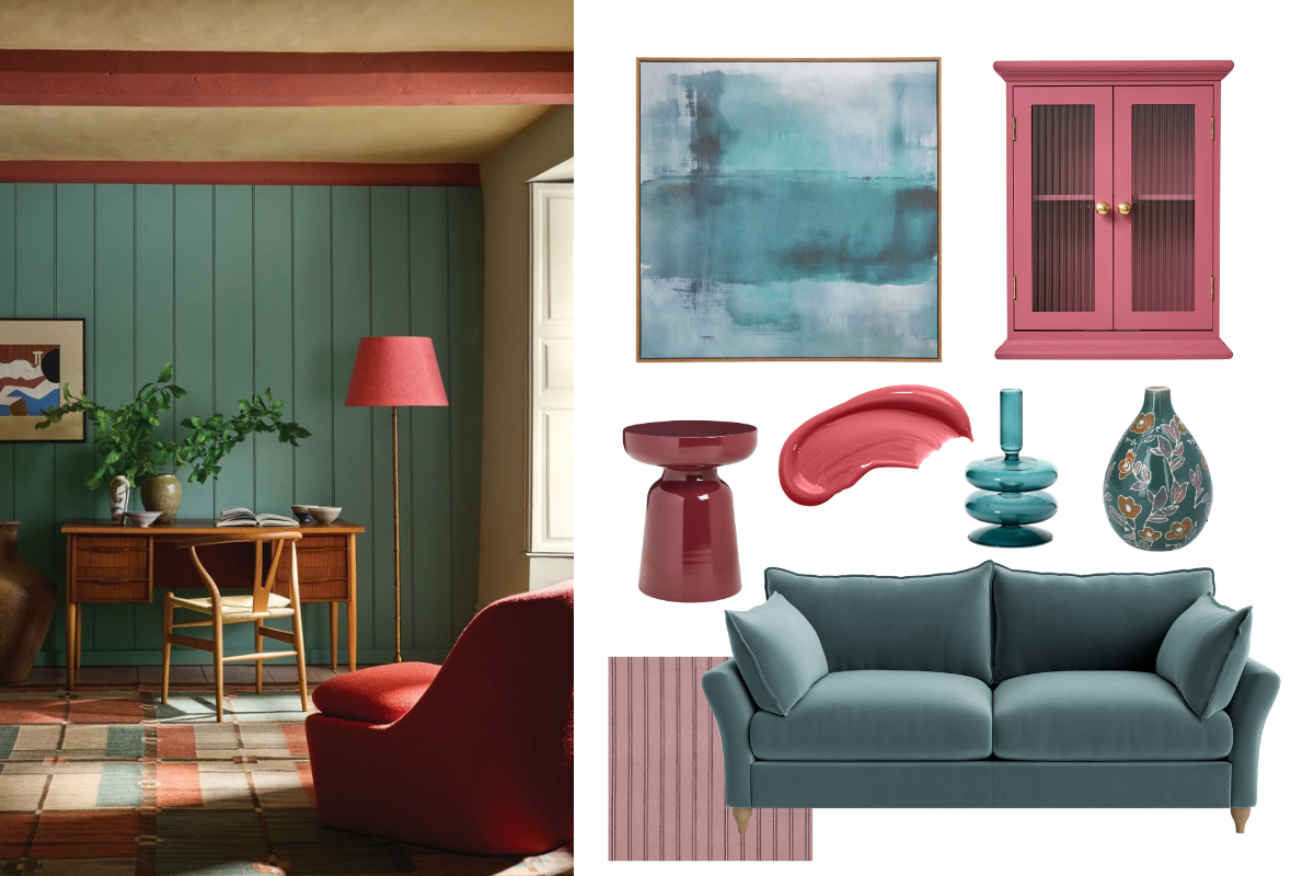 living room trend sthat shows Raspberry and teal colour palettea