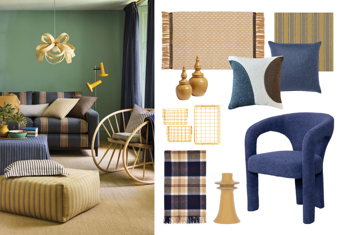 living room trend that shows Nay and yellow colour palette