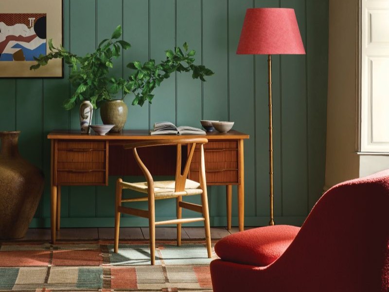 The main living room trend here is a uniquely soothing palette of raspberry and teal. Panelling in the far left image is in Perpetual Blue and ceiling beams in Bronze Red, from £60 for 2.5 litres by Little Green.