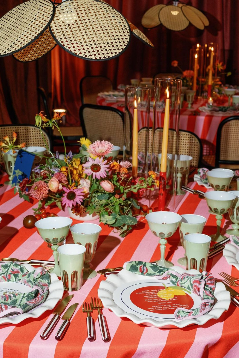 Bright tablecloth on tablescape