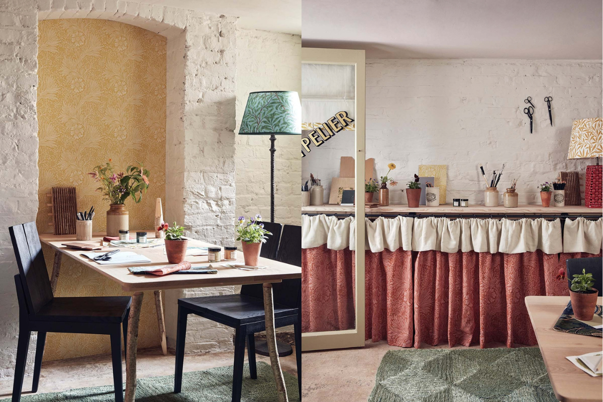 Sebastian Cox's hobby room with yellow walls, pink counter skirts and walnut vintage work surfaces