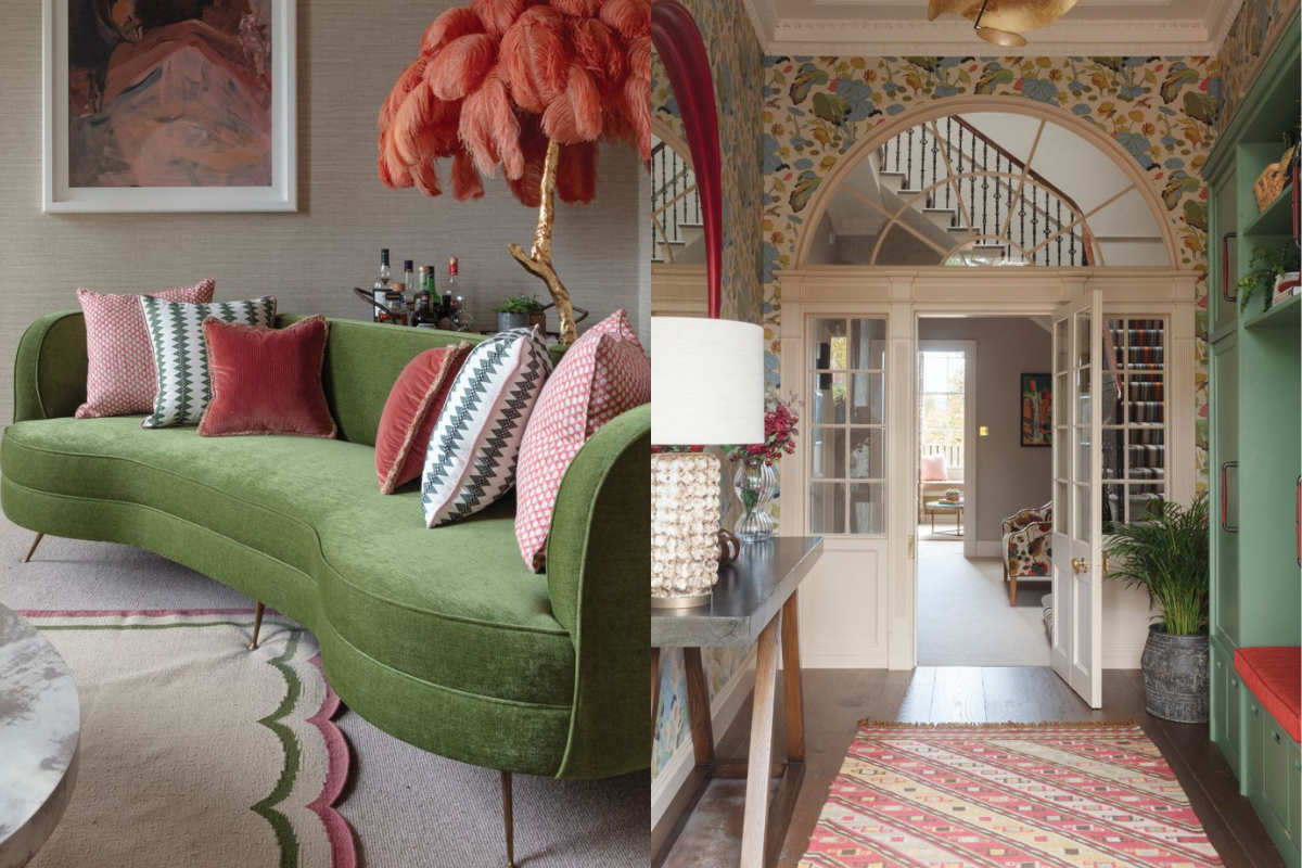 a georgian townhouse with colourful interior; green sofa, red lamps, cream archway, patterned wallpaper, red alcove seat and green cupboards, featured in Homes & Interiors Scotland