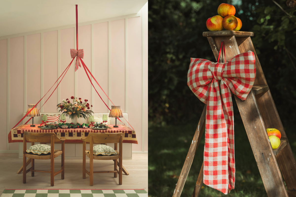 christmas decor with ribbons from roof, pink walls, ginham cloths, autumnal florals and tasteful patterned cushions