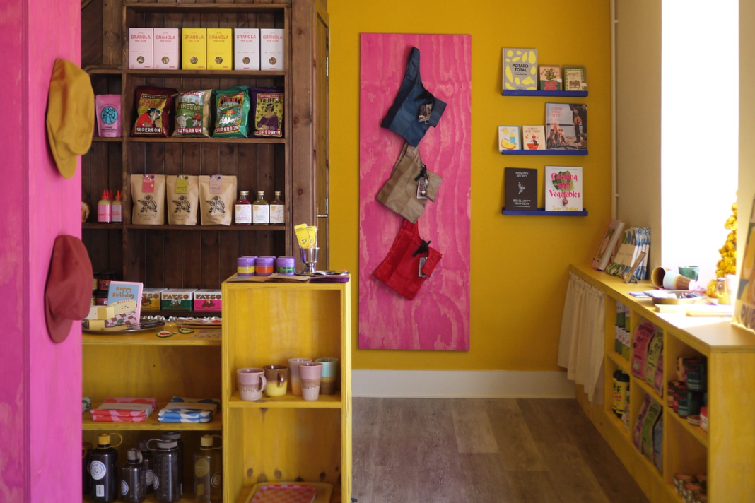 Yellow interiors with pink accents at Yolk General Store