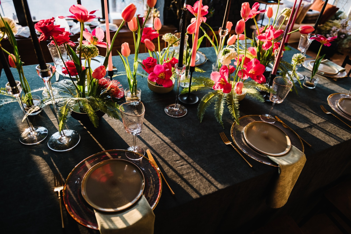 Seasonal florals on tablescape
